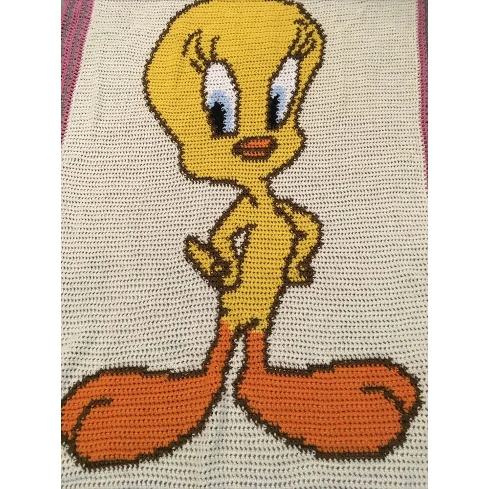 Tweety Bird Vtg Handmade Knit Crochet Baby‎ Blanket Throw Nursery 40